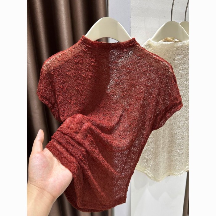 Gạc xuân hè với váy hai dây, áo lưới cao cổ nửa người, áo ren đáy cho nữ, lớp trong mỏng, áo thun n