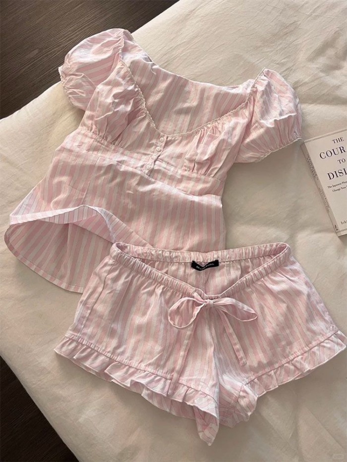 Bộ đồ ngủ cotton Yunduo dành cho nữ, quần đùi ngắn tay sọc hồng ngọt ngào, trang phục ở nhà rộng