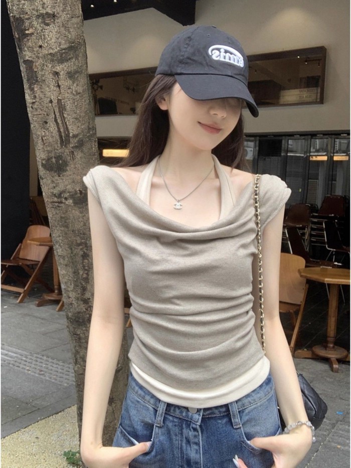 American Retro Swing Collar Halter Neck Short-sleeved T-shirt For Women Summer Slim Short Fak