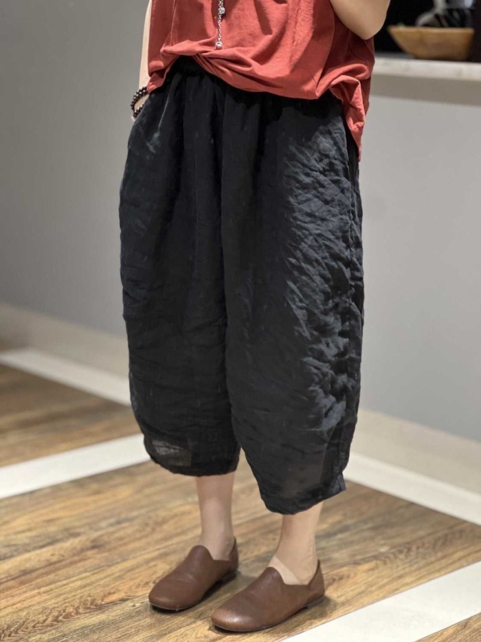 Mới Đồng Màu Ống rộng Cotton và Vải Lanh Quần Cắt Rời Retro Cổ Cà Rốt Hậu Cung Quần dành cho Nữ