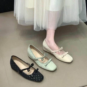 Giày Ballet Mũi Vuông Tăng Nơ Giày Nữ Nhẹ Nhàng Pháp Mary Jane Giày Bơm Pháp
