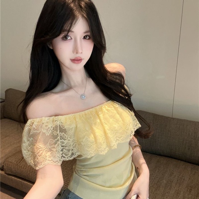 French Lace Lotus Leaf Short-sleeved T-shirt Summer Slim Top One-shoulder Top