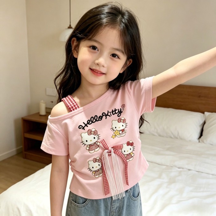 Girls' New Summer Style Pure Cotton Cartoon Standing Bow Oblique Shoulder Short-sleeved Child