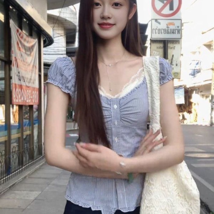 Korean New Sweet Summer Striped Short-sleeved Shirt Slimming Waist Pleated Top Design