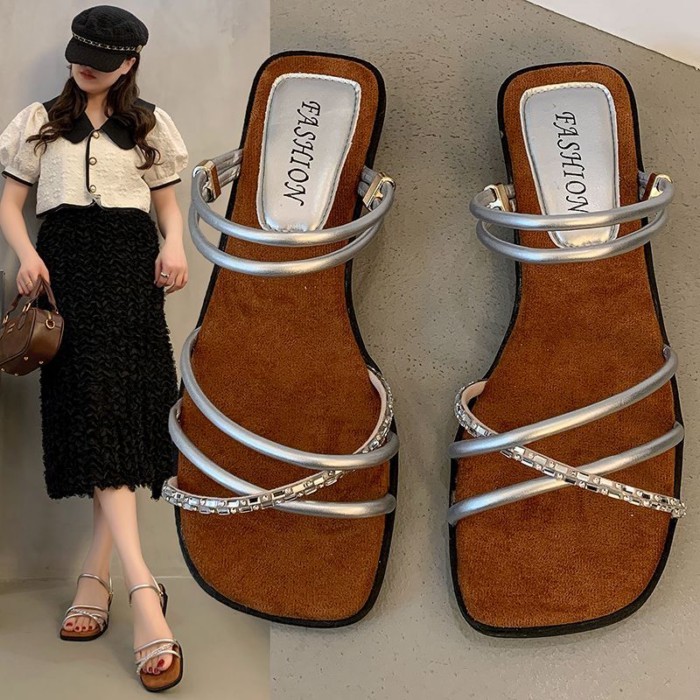 Giày sandal nêm chấm bi cao cấp của Pháp dành cho nữ, giày mũi vuông đế thấp mùa hè kèm váy, dép và