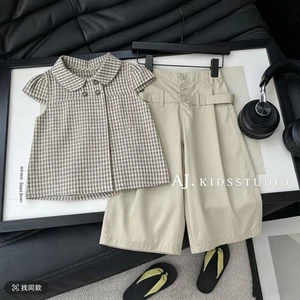 Bé Gái Mùa Hè Nữ Tay Ngắn Áo Sơ Mi Kẻ Sọc Cổ Búp Bê Bé Gái Công Chúa Tay Pháp Retro Tất Cả Trận