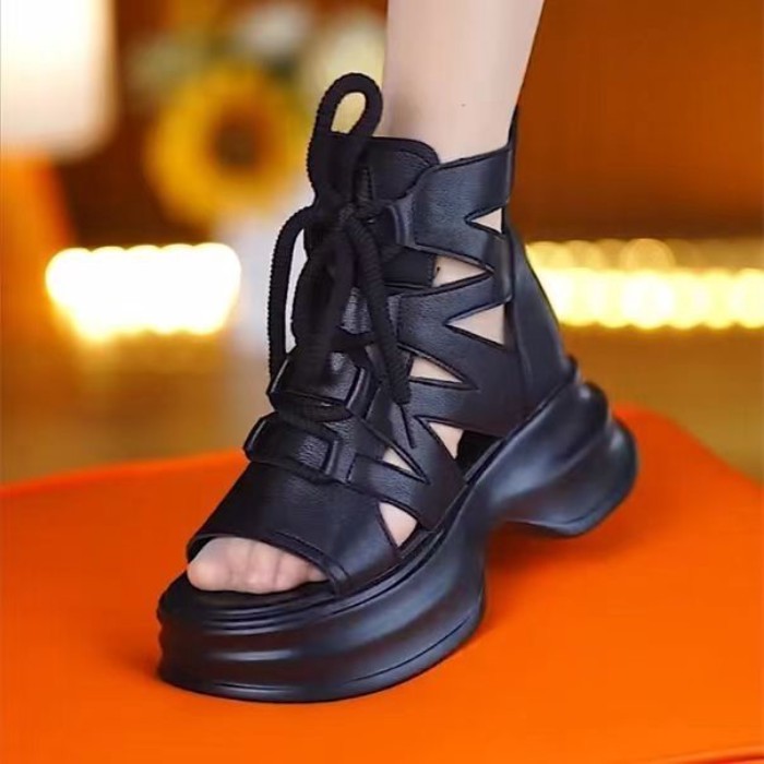 Dép Xăng Đan Nữ Đế Dày Retro Có Dây Buộc Thời Trang Dép Rỗng Mùa Hè Mới Thoáng Khí Đế Mềm Xăng Đ