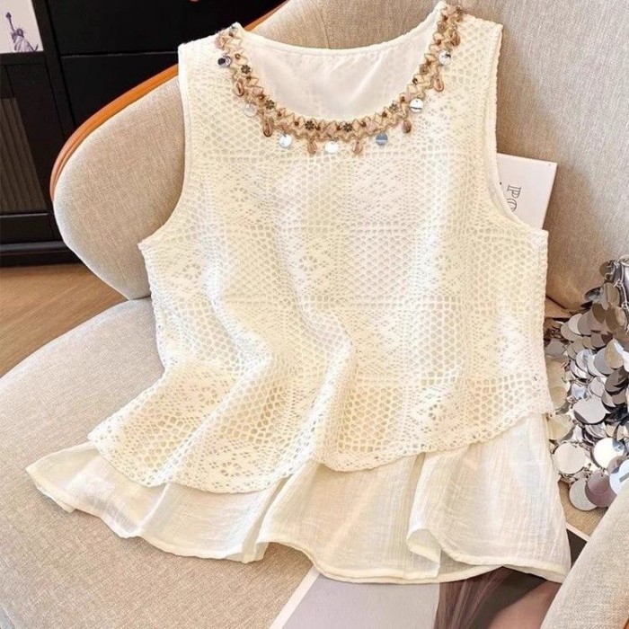 Áo vest không tay rỗng phong cách dân tộc dành cho nữ mặc ngoài mùa hè, áo sơ mi rộng thời tr