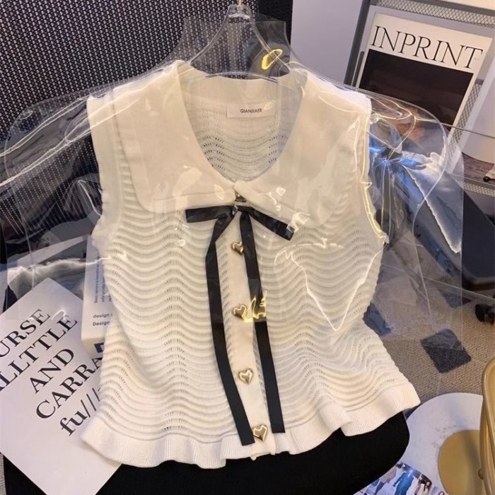 Áo len cổ búp bê nút tình yêu tay bay, áo lụa băng có nơ, áo vest dệt kim dễ thương cho nữ