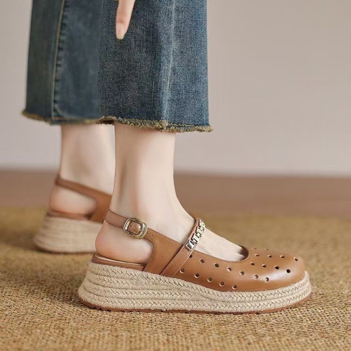 Giày sandal đế dày 5cm Baotou đế mềm đế dày đế mềm dành cho nữ Giày La Mã đế rỗng mùa hè siêu mềm