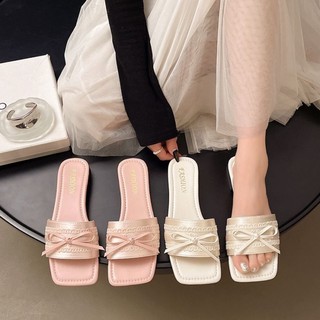 Square Toe Bow Flat Slippers New Style Slippers For Women To Wear Super Fairy Fashion One-Wor