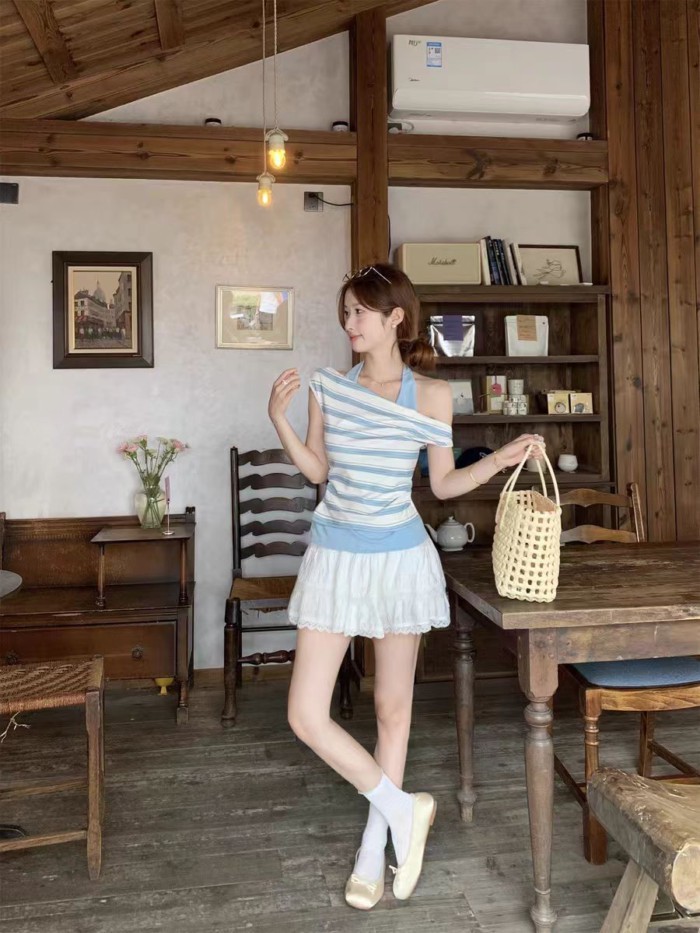 Unique Fake Two-piece Design Retro Striped Halter Neck Short-sleeved T-shirt For Women Summer