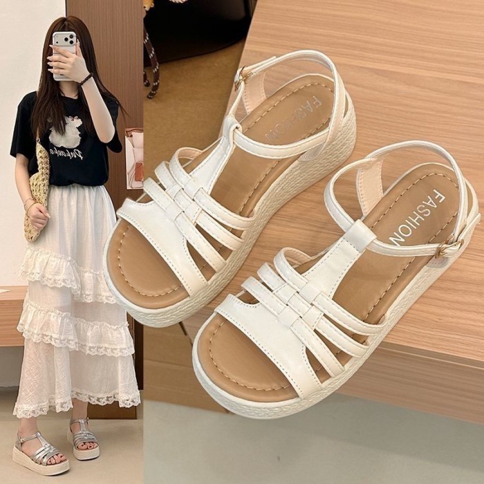 Nền tảng mùa hè nền tảng đi lại nhẹ nhàng dép nêm gót dây đeo khóa chữ T dày đế bên ngoài mặc giày