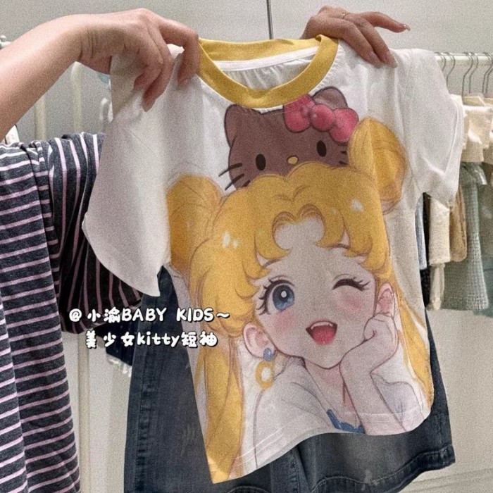 Girls T-shirt Summer New Cartoon Girl Kitty Printed Short-Sleeved Contrast Color Round Neck L