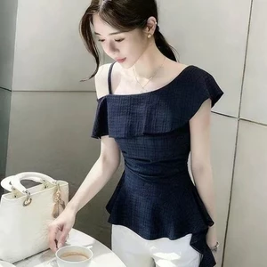 Áo sơ mi nữ dây vai lệch màu xanh navy cao cấp thiết kế áo sơ mi eo không đều