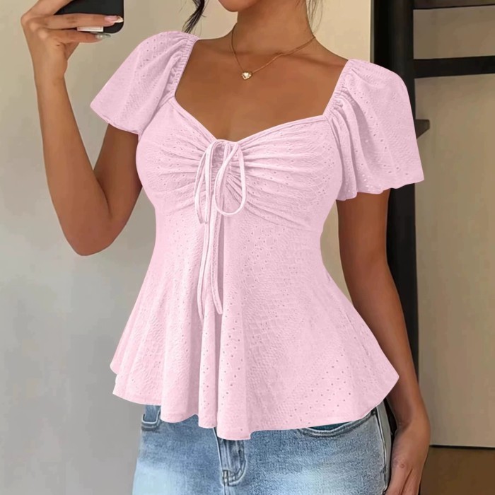 Mùa hè mới phong cách Âu Mỹ cổ chữ V dây rút ngắn tay màu trơn gợi cảm cho nữ