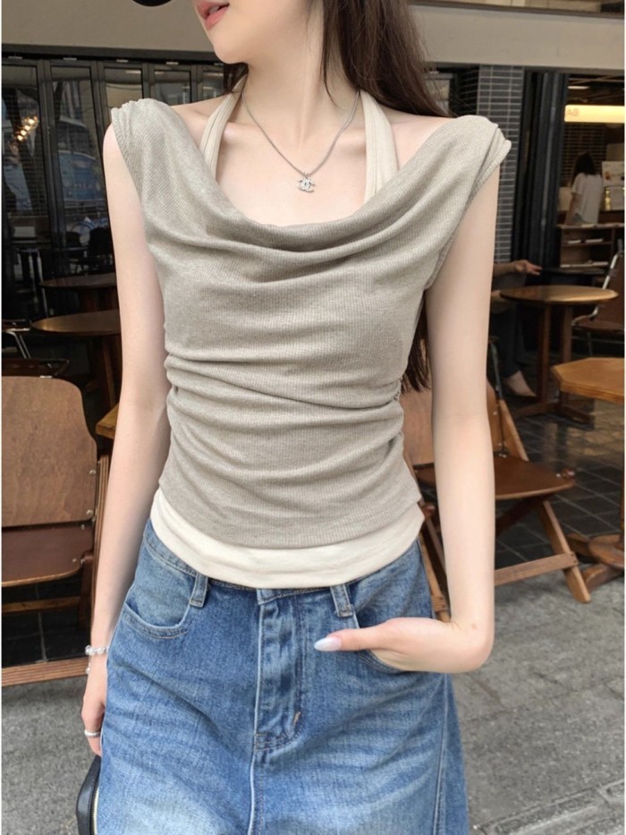 American Retro Swing Collar Halter Neck Short-sleeved T-shirt For Women Summer Slim Short Fak