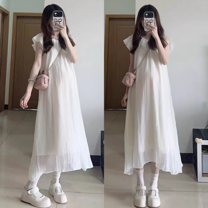 Quần áo bà bầu thời trang mùa hè váy bà bầu tay bay dài váy lưới váy bà bầu mùa hè