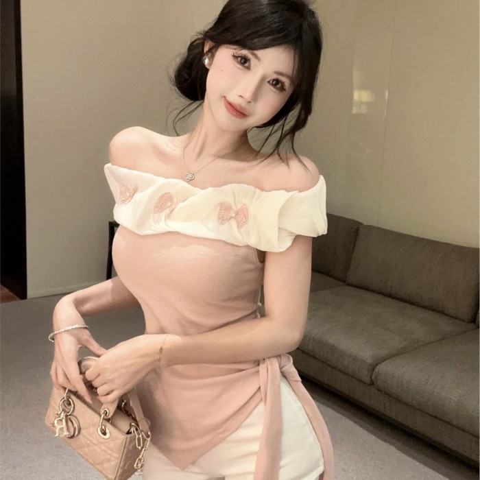 Dopamine Irregular Off-shoulder Short-sleeved T-shirt Summer New Girly Sweet Age-reducing One-