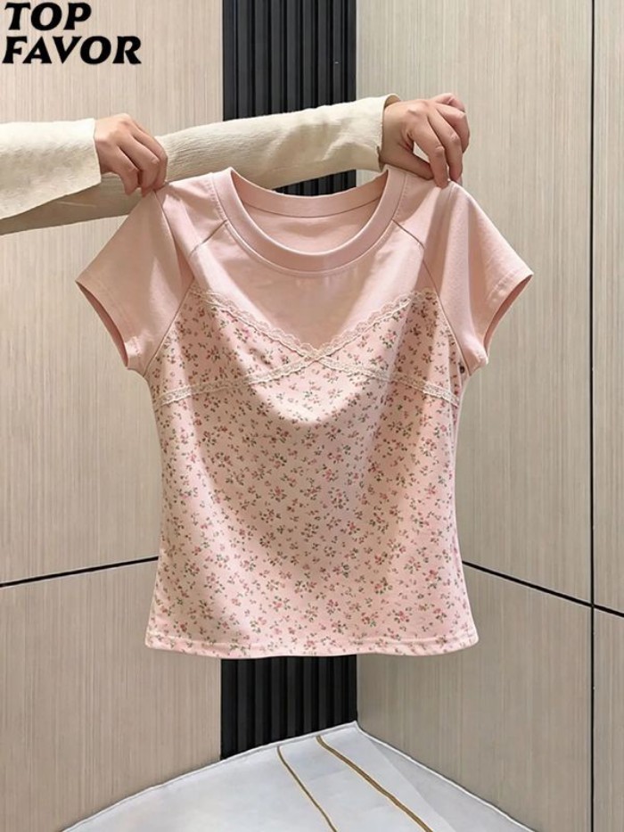 Áo thun ngắn tay phối ren hoa dành cho nữ mùa hè cỡ lớn thời trang đa năng