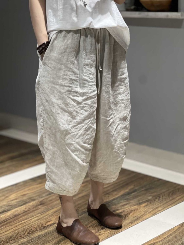 Mới Đồng Màu Ống rộng Cotton và Vải Lanh Quần Cắt Rời Retro Cổ Cà Rốt Hậu Cung Quần dành cho Nữ
