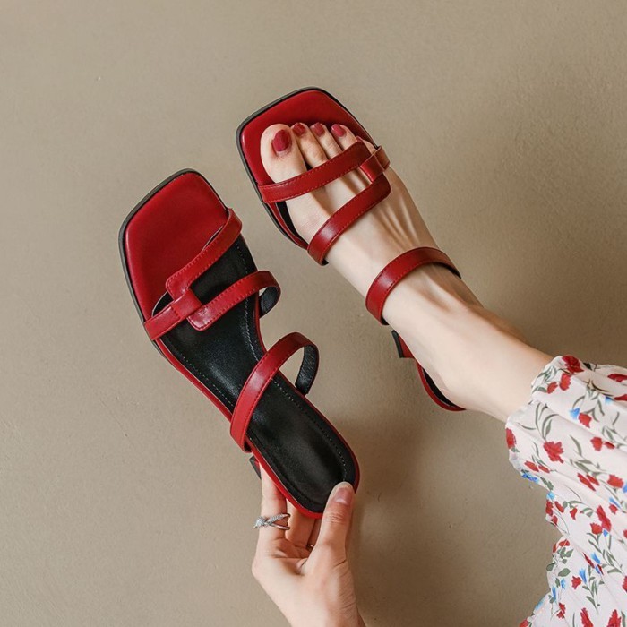 Giày sandal hở mũi da nhẹ sang trọng của Pháp dành cho nữ mùa hè mũi vuông thời trang một dây quai