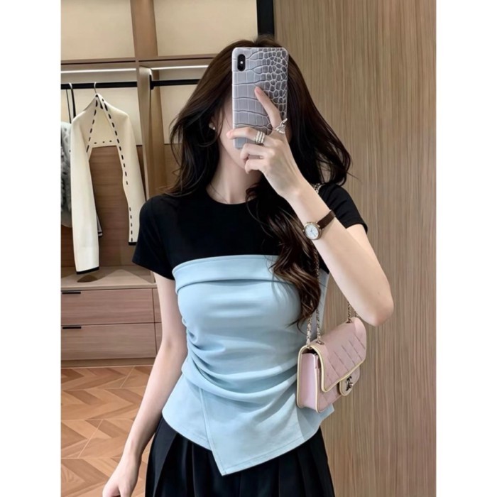 Áo thun ngắn tay giả hai mảnh màu sắc tương phản Hàn Quốc dành cho nữ mùa hè kiểu mới xếp li viề