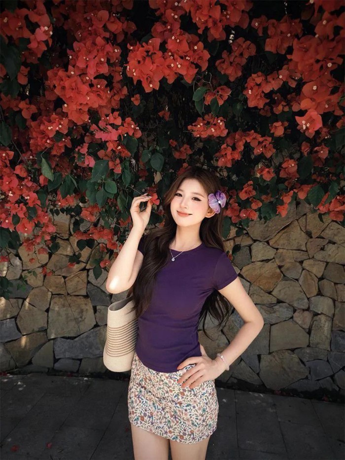 bộ đồ hai mảnh áo thun ngắn tay đơn giản màu tím váy chữ A hoa hàng ngày áo và quần đa năng thôn