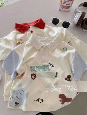 Áo thun trẻ em cotton nguyên chất phong cách graffiti hoạt hình ve áo ngắn tay mùa hè thời tr