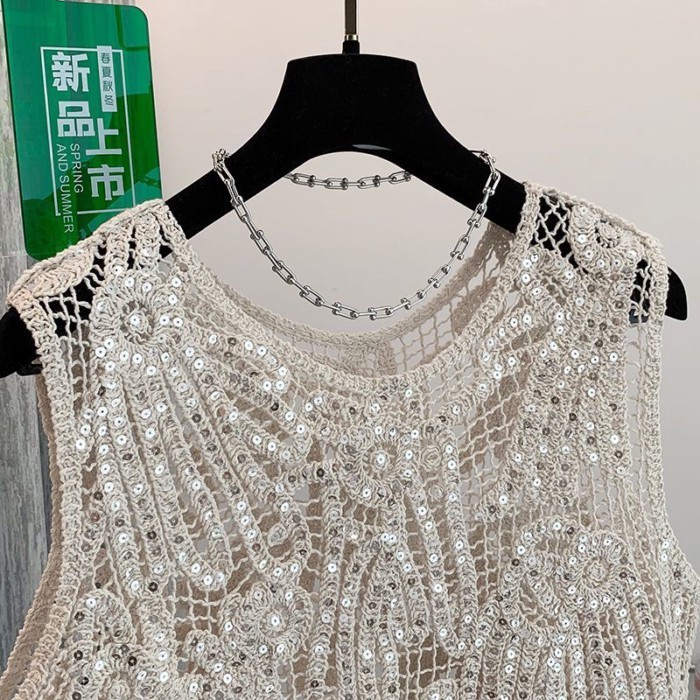 sequin crochet rỗng dệt kim yếm trong mặc ngoài của phụ nữ mùa hè mới vest áo không tay