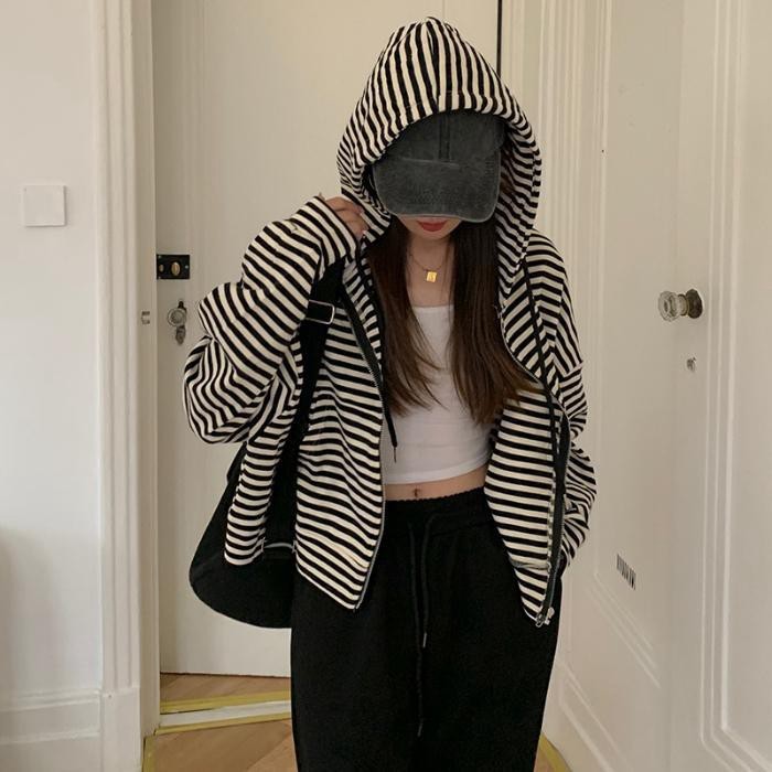 Sọc Áo Len Có Mũ Trùm Đầu Áo Khoác Cardigan Nữ Phong Cách Hàn Quốc Mỏng Thường Ngày Đa Năng Quần