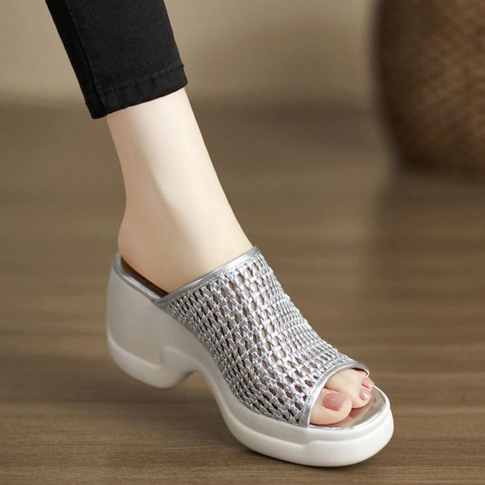 Người Phụ Nữ Giàu Dép Dệt Rỗng Cao Gót Dép Mùa Xuân Hở Mũi Giày Nêm Gót Giày Nữ Thoải Mái