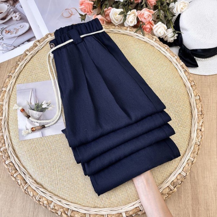Kích Thước Lớn Màu Xanh Hải Quân Cotton Và Vải Lanh Quần Ống Rộng Mùa Hè Mới Mỏng Đa Năng Thoáng