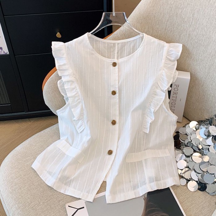 Áo sơ mi cộc tai thiết kế mùa hè độc đáo, áo vest vest một hàng phong cách mới