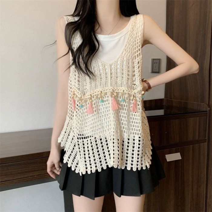 Dây treo rỗng, áo tua rua dáng rộng, áo vest, áo móc hoa xếp chồng phong cách dân tộc cổ điển
