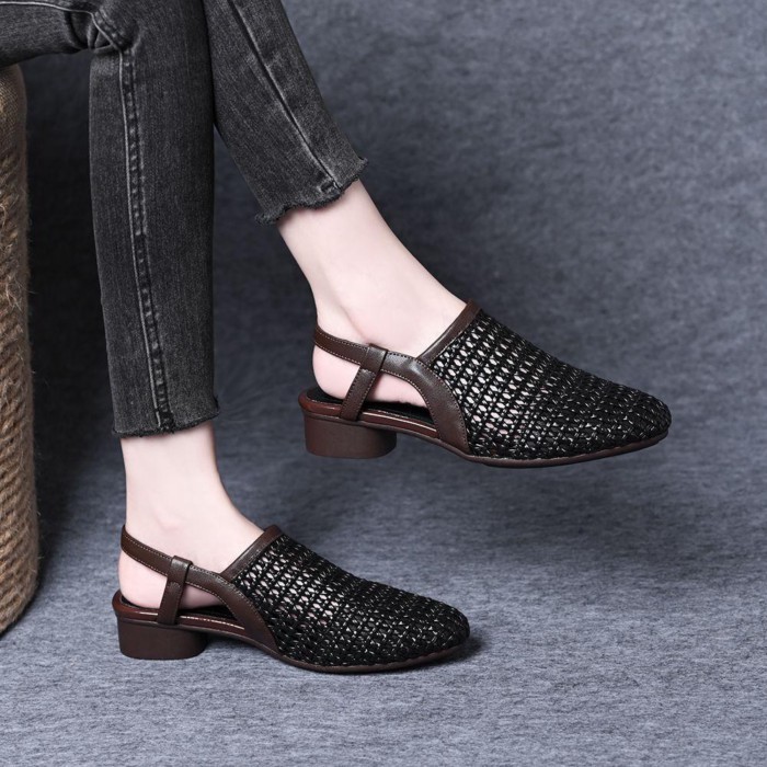 Giày sandal nữ mũi tròn đế thấp dệt lưới rỗng mùa hè, giày lười nhẹ và thoải mái