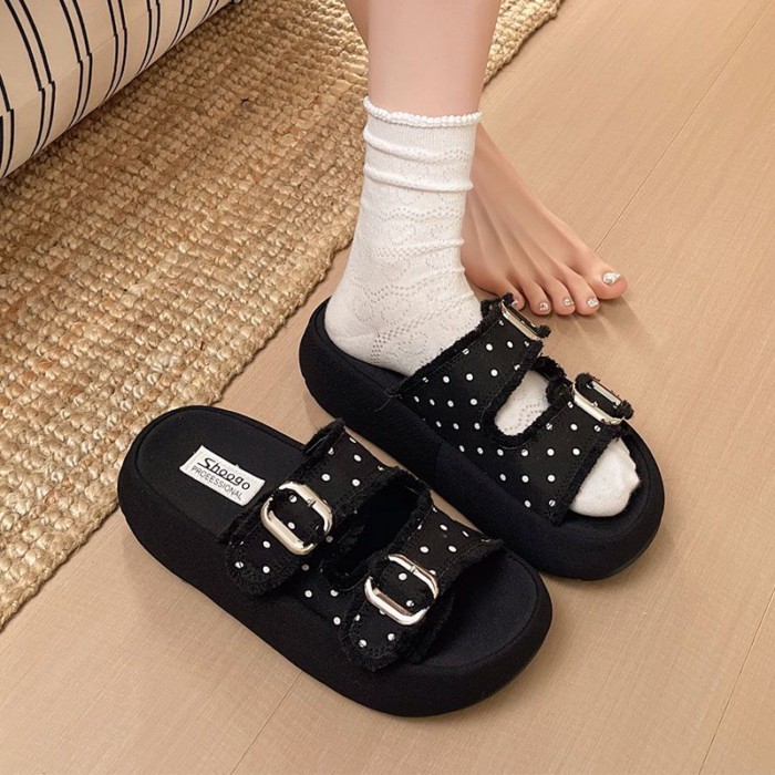 Dép đế dày một chữ chấm bi cao cấp dành cho nữ, áo khoác ngoài mùa hè, chống trơn trượt, nửa trơn B