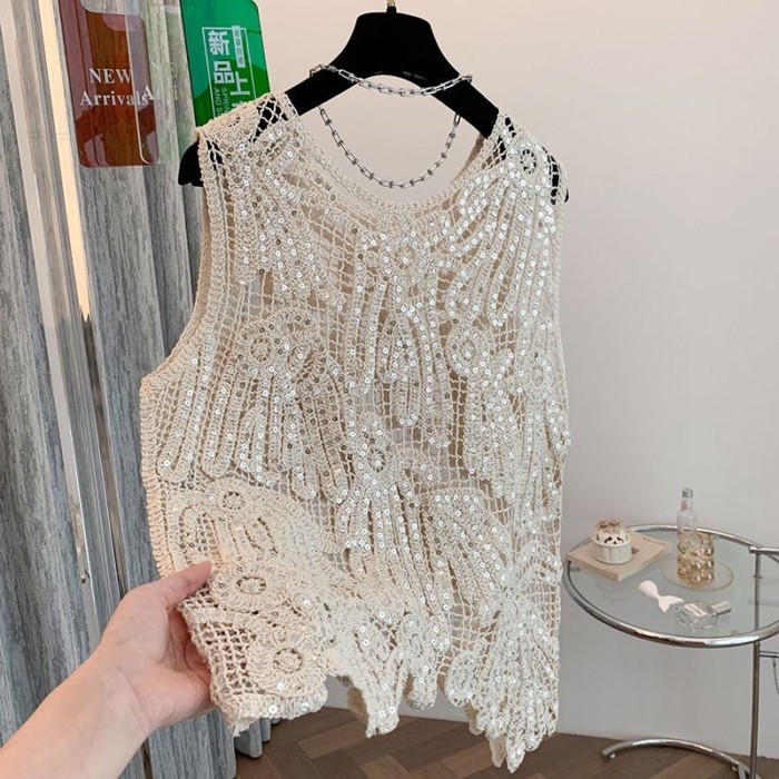 sequin móc rỗng dệt kim yếm trong mặc ngoài của phụ nữ mùa hè mới áo vest áo không tay