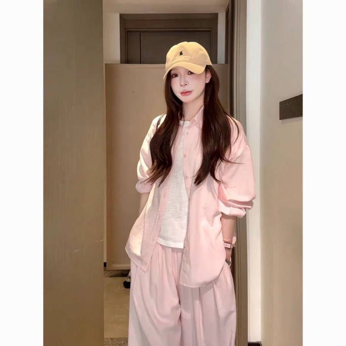 Áo sơ mi dài tay chống nắng cho nữ quần ống rộng thông thường Hàn Quốc Bộ hai món