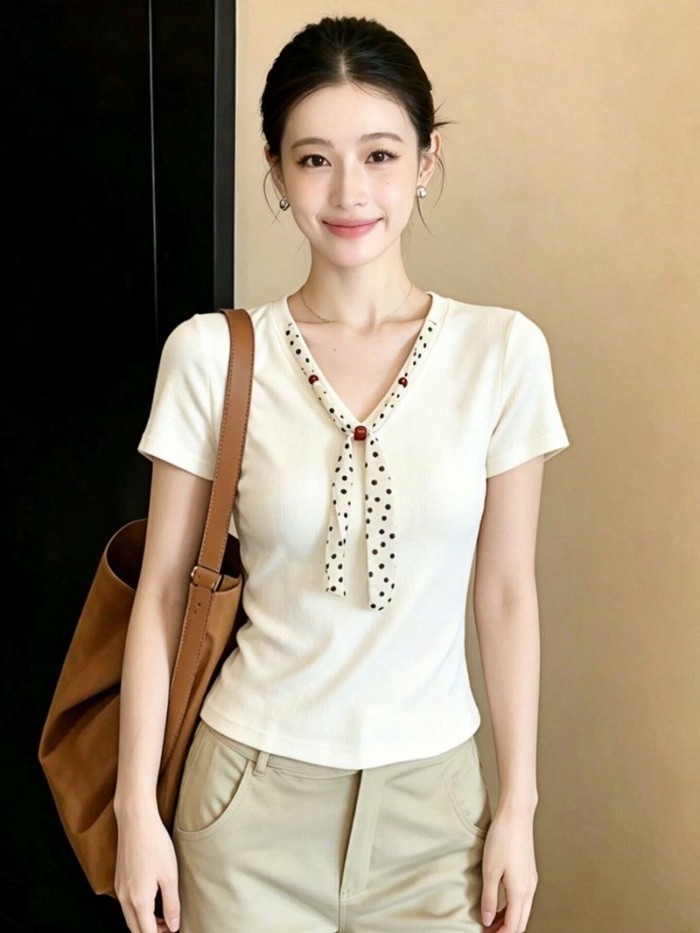Áo thun ngắn tay cổ chữ V màu trắng phong cách Hàn Quốc dành cho nữ mùa hè phong cách mới niche