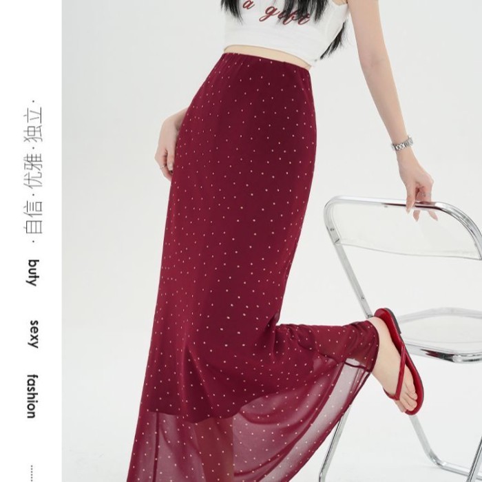 Lan ~ Pháp Chấm Bi Váy Voan Nữ Mùa Hè Phong Cách Mới Nhẹ Nhàng Phong Cách Phù Hợp Với Tất Cả Trận Đấu Mỏng Hơn Nhìn Burgundy Đuôi Cá Váy Dài