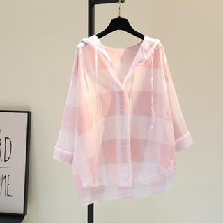 Áo hoodie cotton và vải lanh kẻ sọc màu hồng cho nữ mùa xuân mới phong cách Hàn Quốc áo sơ mi dá