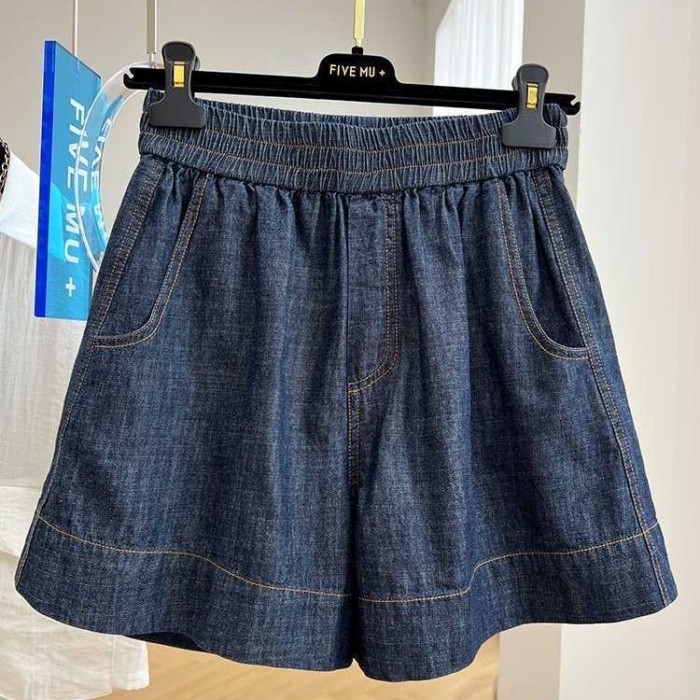 Lưng thun giản dị quần short denim nữ mùa hè mỏng dáng rộng lưng cao chữ A quần ống rộng hot