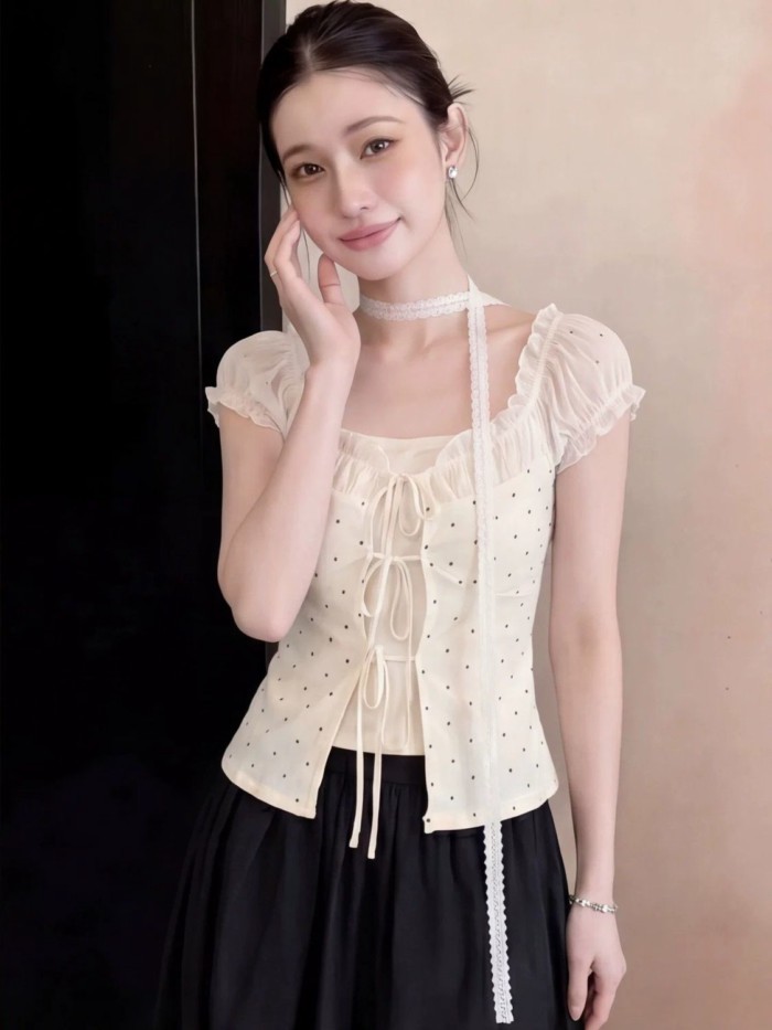Korean Style Unique Lace Stitching Fake Two-piece Polka Dot Streamer One-shoulder Short-sleev