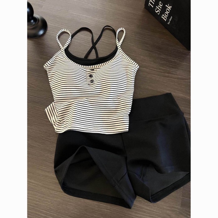 Bộ đồ ngủ hai mảnh giả sọc có miếng đệm ngực và dây treo dành cho nữ áo vest giảm béo màu trơ