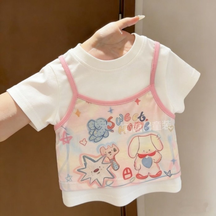 phong cách Hàn Quốc mùa hè cho bé gái phong cách ngọt ngào dễ thương in hoạt hình giả áo thun ng