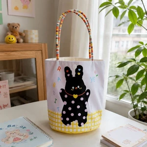 Cute Black Rabbit Bucket Bag Womens Niche Lunch Bag Mummy Bag Lightweight Canvas Handbag