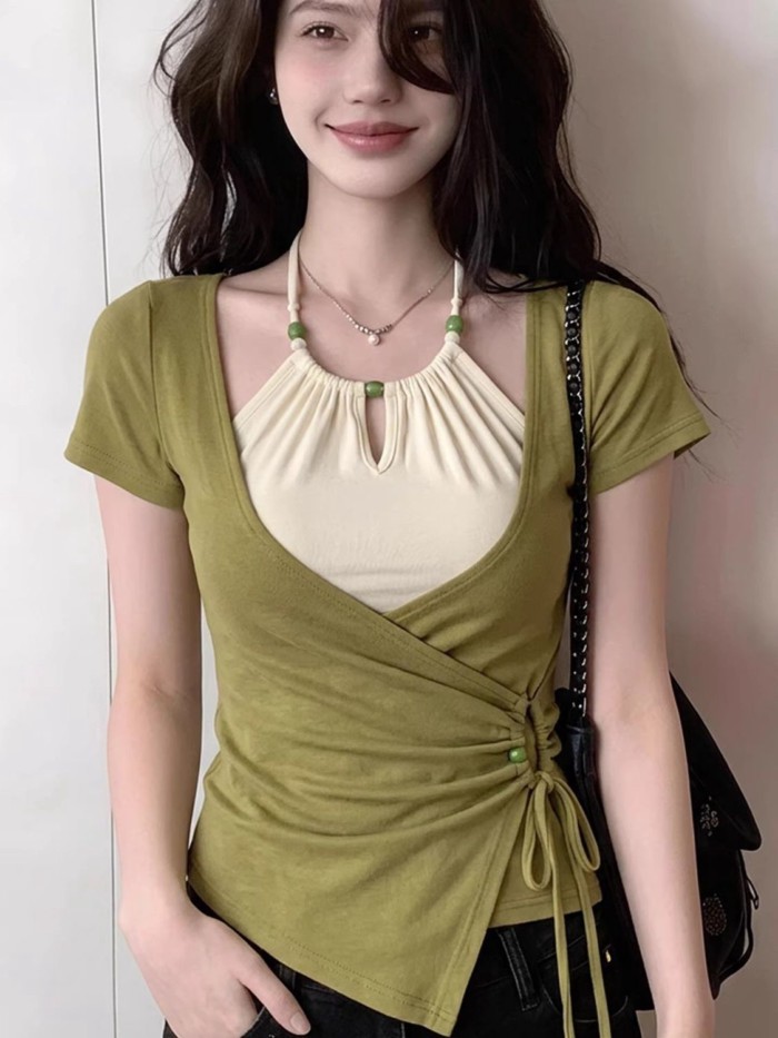 Áo thun ngắn tay hai dây giả hàn quốc  dành cho nữ đầu hè thiết kế độc đáo đẹp khí chất giảm t
