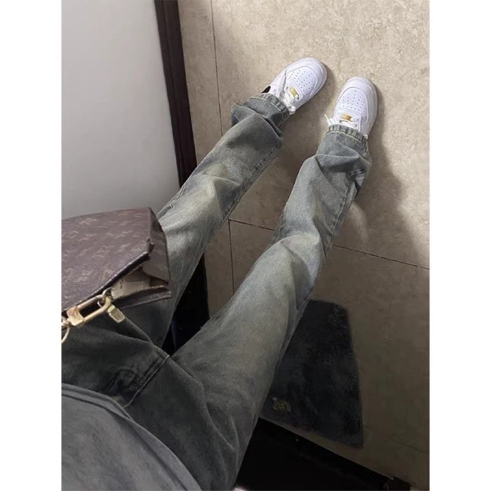 Retro Boot Xanh Dương Nam Mỹ Cao Cấp Đường Thẳng Quần Thể Hiện Chân Mỏng Slim Fit Scimitar Quần