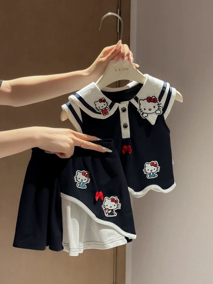 Bộ đồ hai mảnh thêu hình Hello Kitty dễ thương cho bé gái